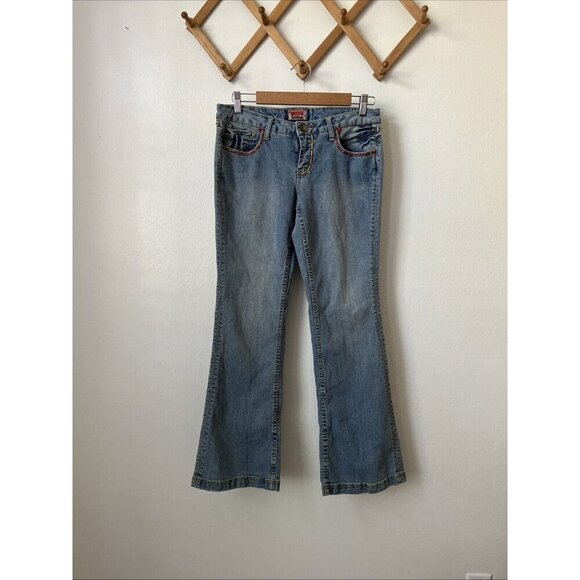 90s y2k NOBO‎ low rise flare bootcut bling pocket jeans stretch faded womens 32" - Picture 3 of 8